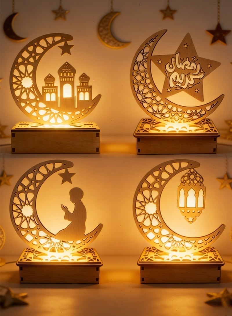 Ramadan Lights, Wooden Ramadan Decorative LED Lamp - Islamic Crescent Moon & Star Design, Warm Light for Home, Iftar & Eid Decor (4 Styles Available) - Image 1
